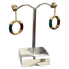 14K Yellow Gold, Green & Red Enamel Circular Vintage Drop (Pendant) Earrings