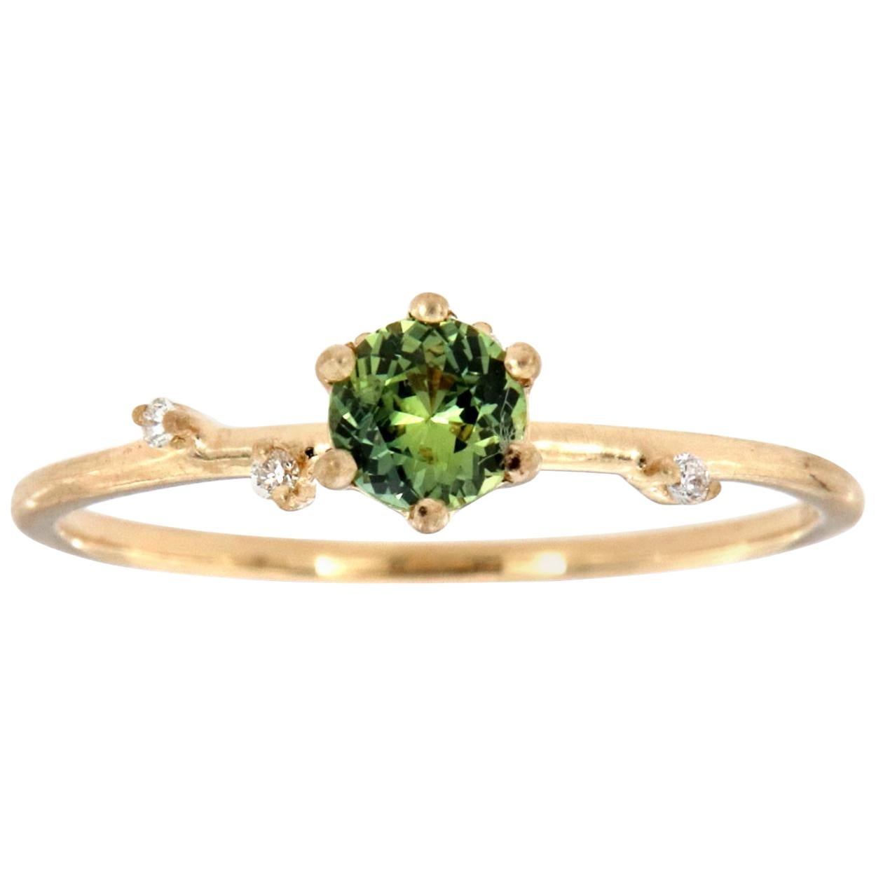 14K Yellow Gold Green Sapphire Rustic Vintage Diamond Ring 'Center-1/3 Carat' For Sale