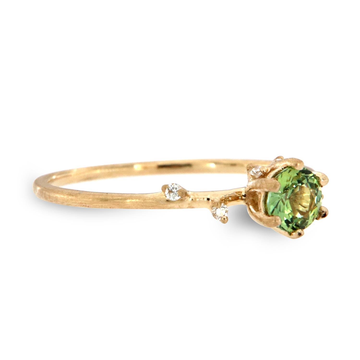 Round Cut 14K Yellow Gold Green Sapphire Rustic Vintage Diamond Ring 'Center-1/3 Carat' For Sale