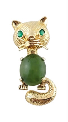 14K Yellow Gold Green Stone Cat Pin Brooch #15195