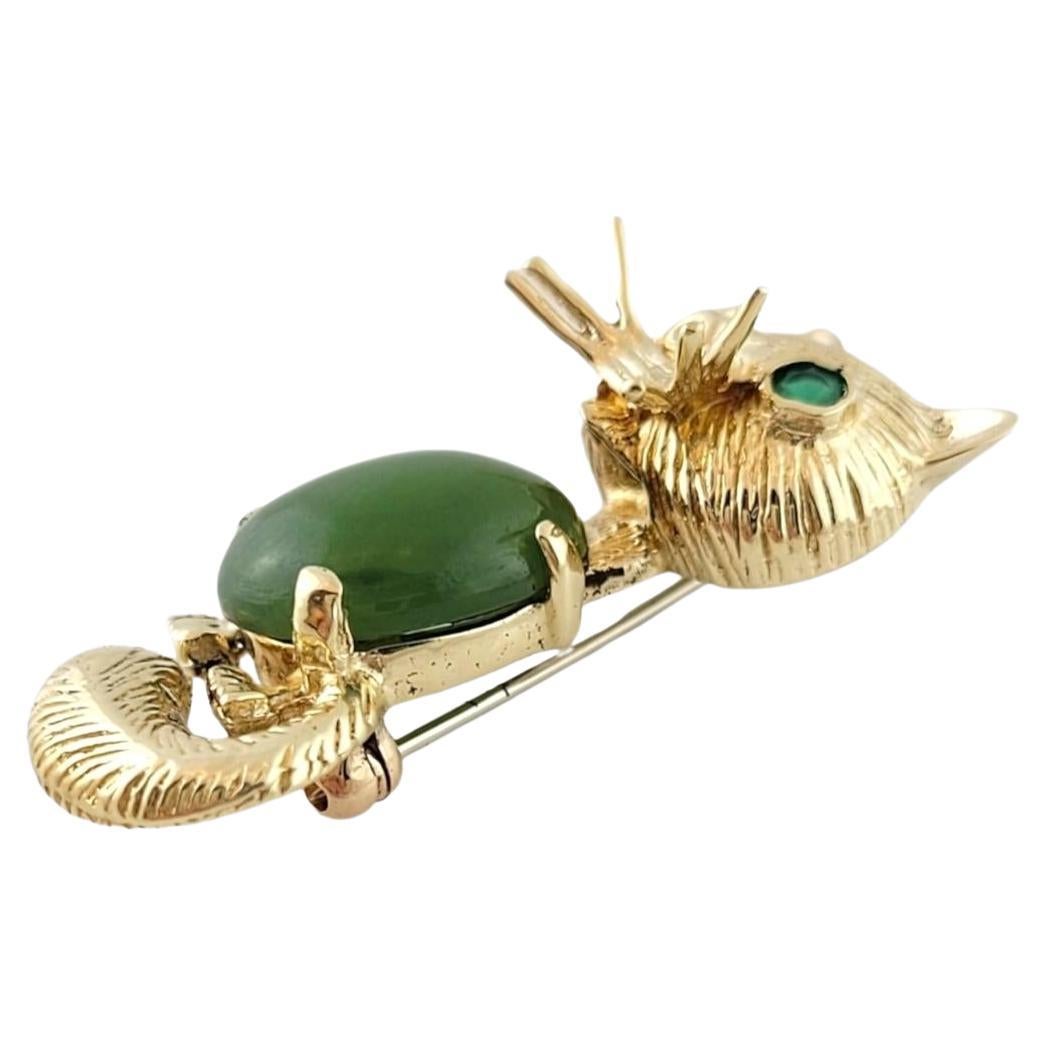 14K Yellow Gold Green Stone Cat Pin Brooch #15195 For Sale