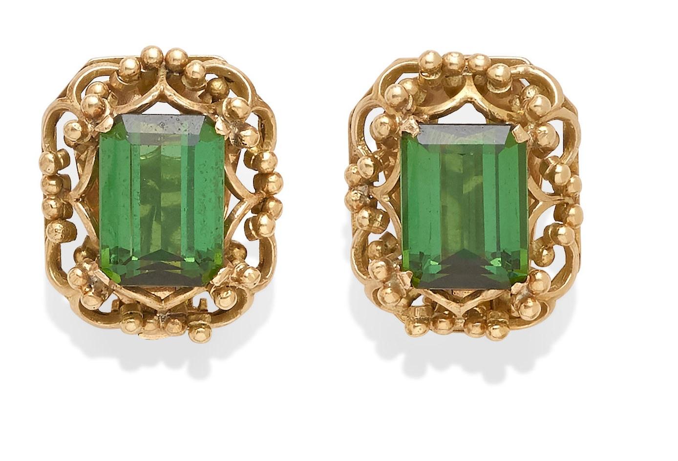 14k Yellow Gold & Green Tourmaline Clip-on Earrings For Sale 1