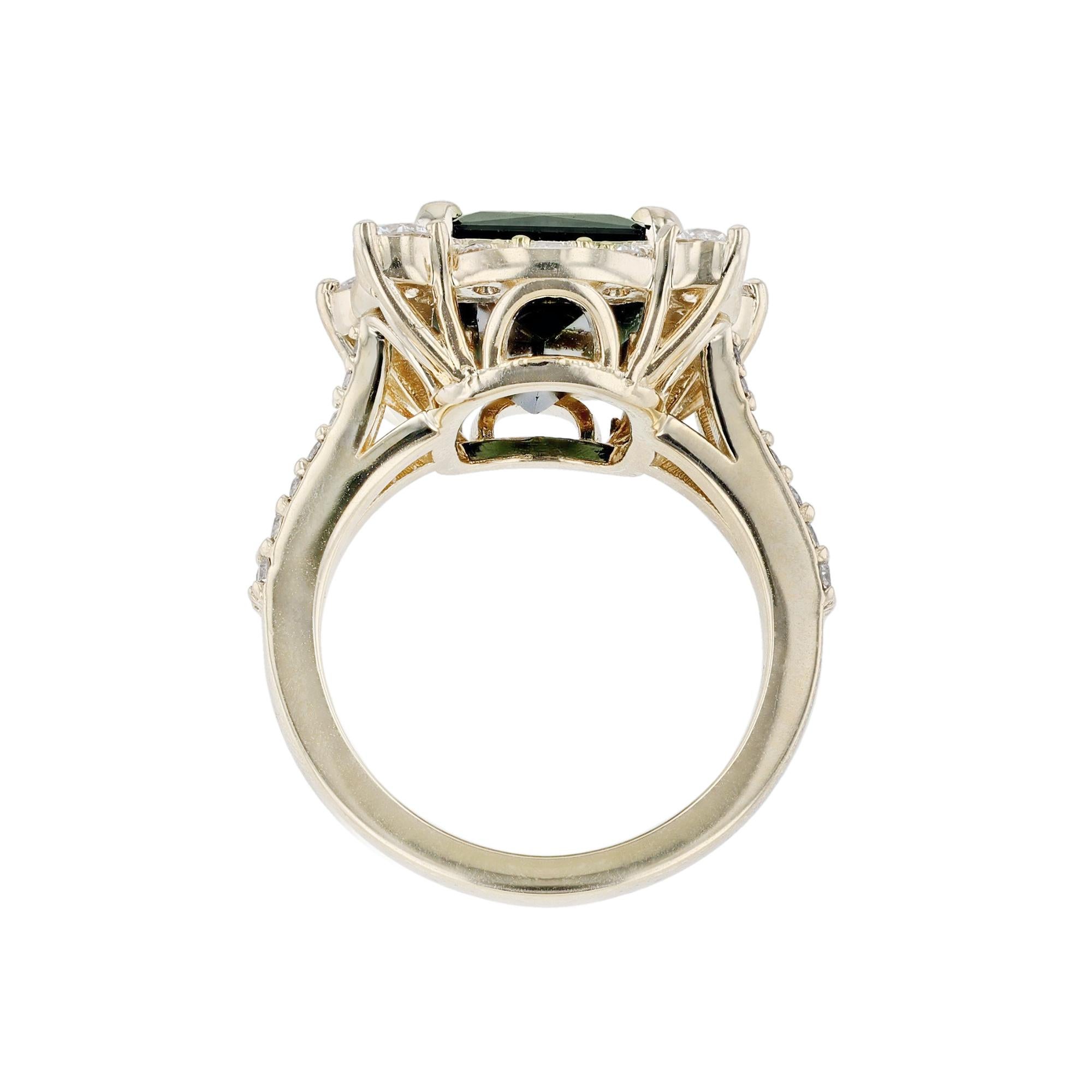 Emerald Cut 14K Yellow Gold Green Tourmaline Diamond Split Shank Ring For Sale