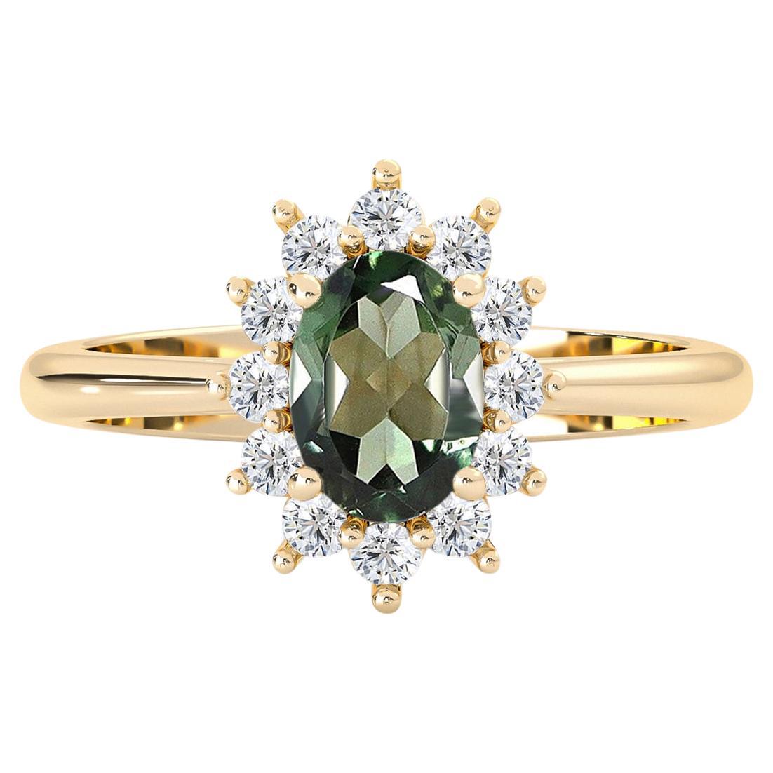 14k Yellow Gold Green Tourmaline & Diamonds Halo Engagement Ring