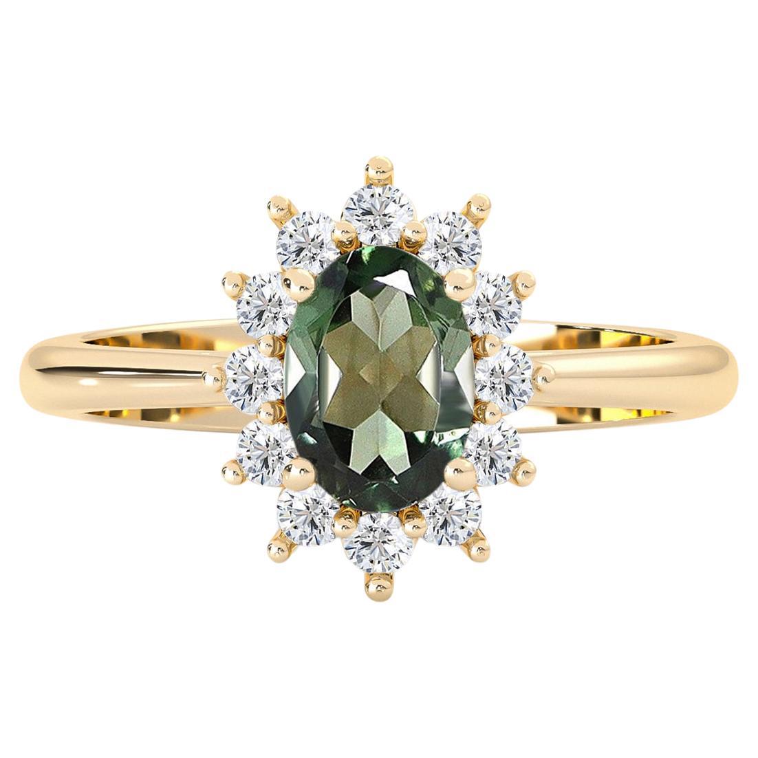 For Sale:  14k Yellow Gold Green Tourmaline 
Diamonds Halo Engagement Ring