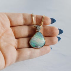 14K Yellow Gold Grey Opal and Diamond Pendant Necklace