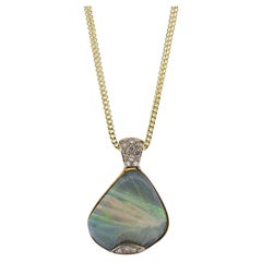 14K Yellow Gold Grey Opal and Diamond Pendant Necklace