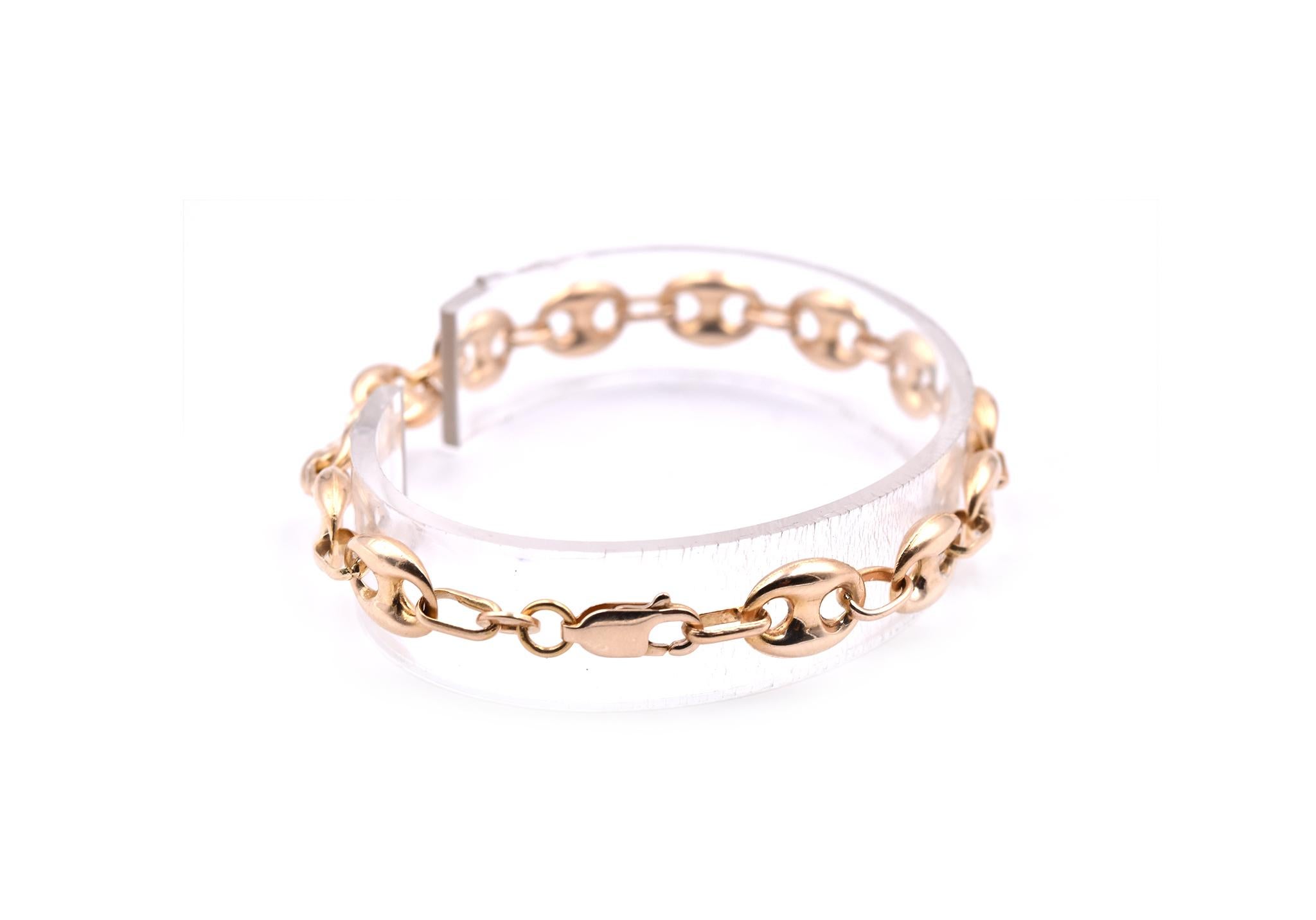 Designer: custom
Material: 14k yellow gold
Dimensions: bracelet will fit 7 ½ -inch wrist and it is 7.84mm wide
Weight: 8.32 grams
