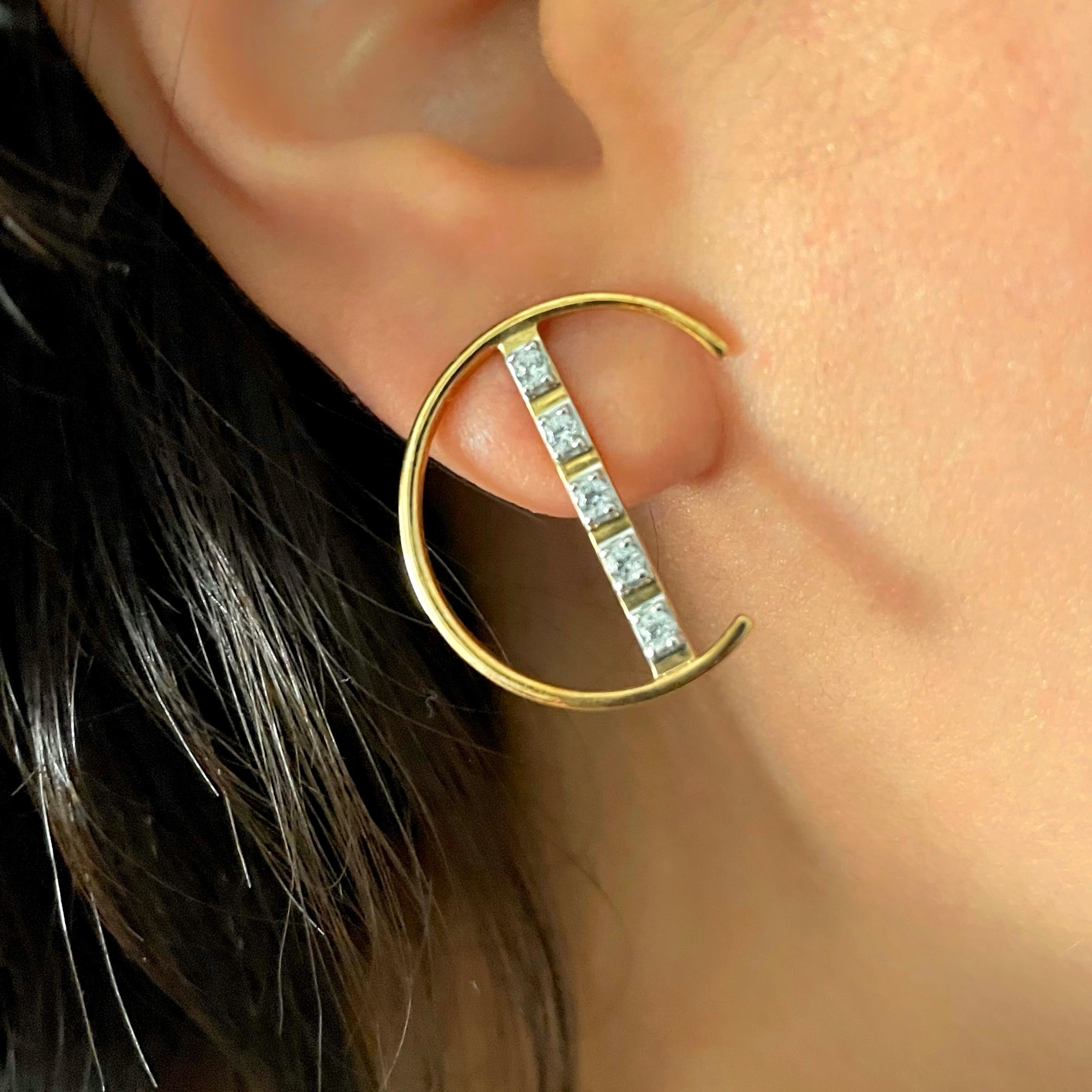 Women's 14K Yellow Gold Half Circle Diamond Bar Stud Earrings For Sale