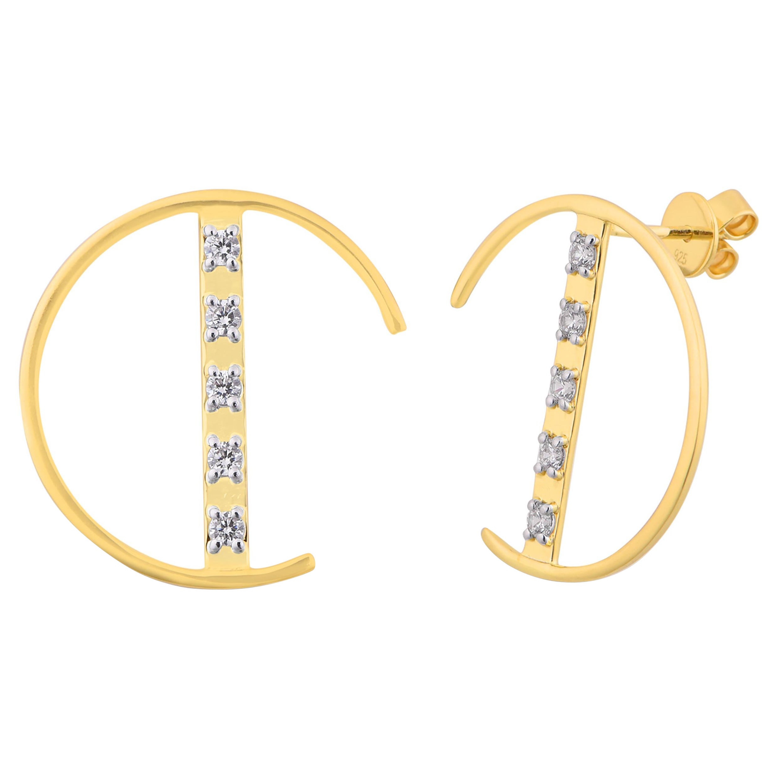 14K Yellow Gold Half Circle Diamond Bar Stud Earrings For Sale
