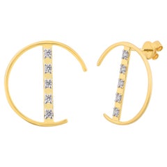 14K Yellow Gold Half Circle Diamond Bar Stud Earrings