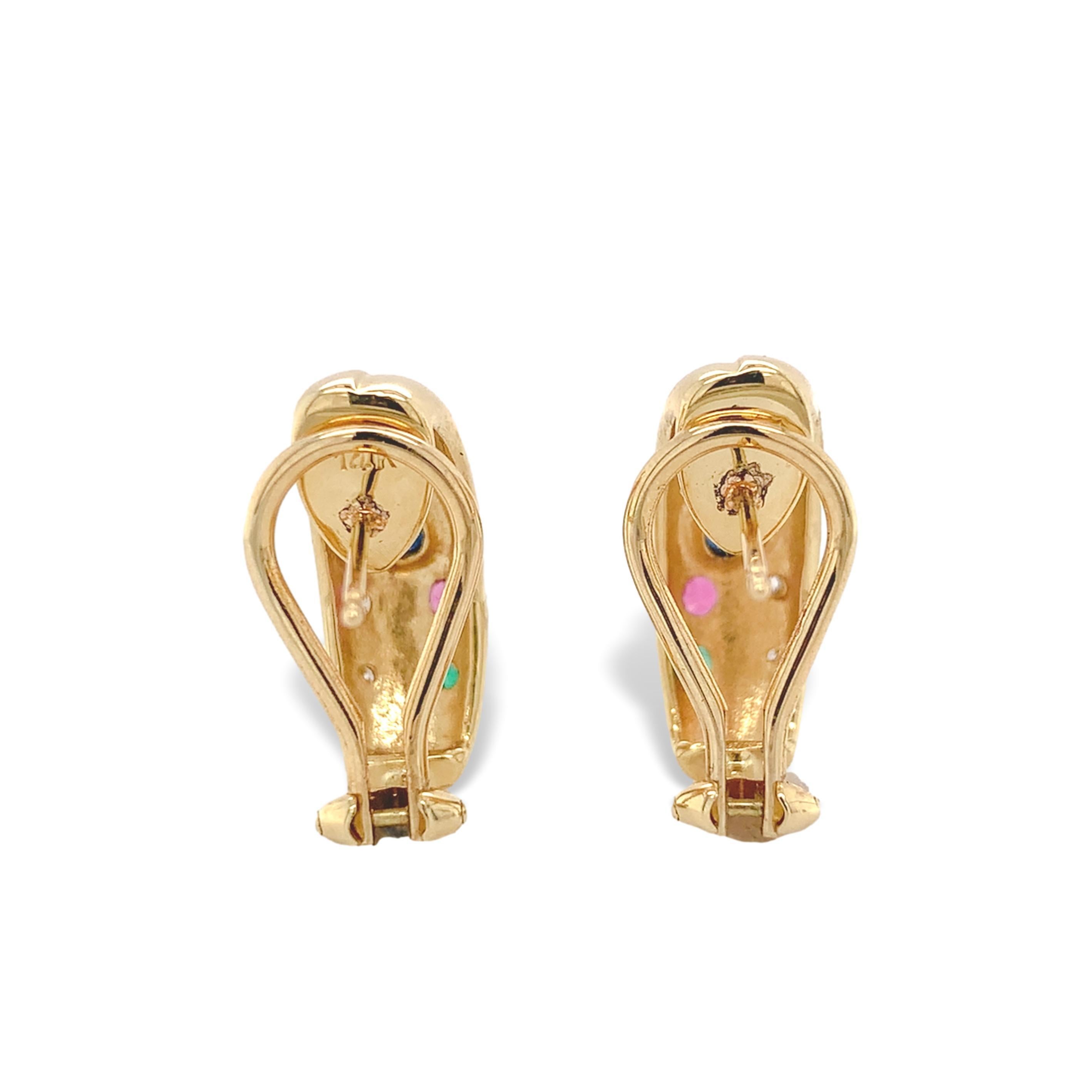 Contemporain Boucles d'oreilles demi-cercle en or jaune 14 carats avec diamants, saphirs, rubis et émeraudes en vente