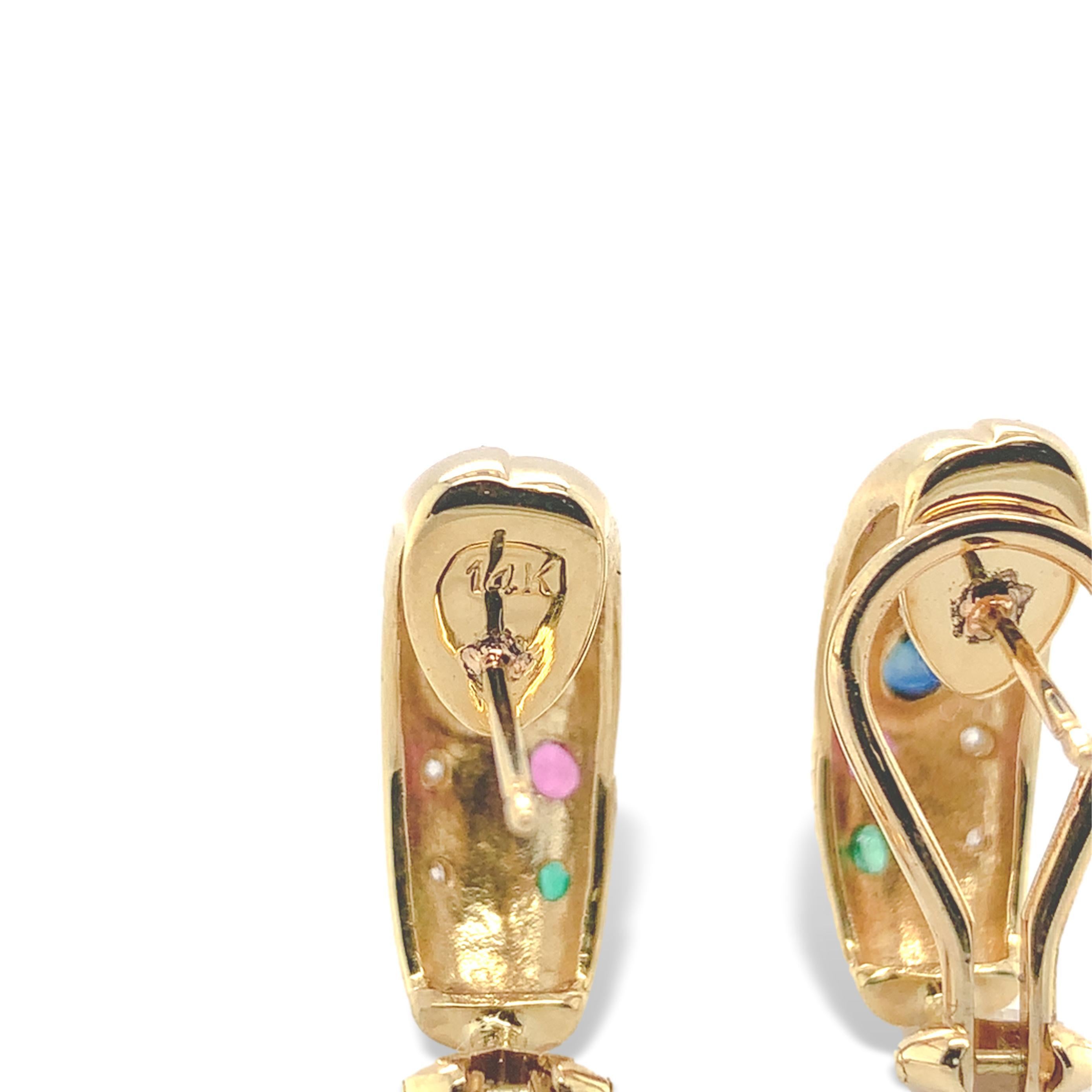 Taille brillant Boucles d'oreilles demi-cercle en or jaune 14 carats avec diamants, saphirs, rubis et émeraudes en vente