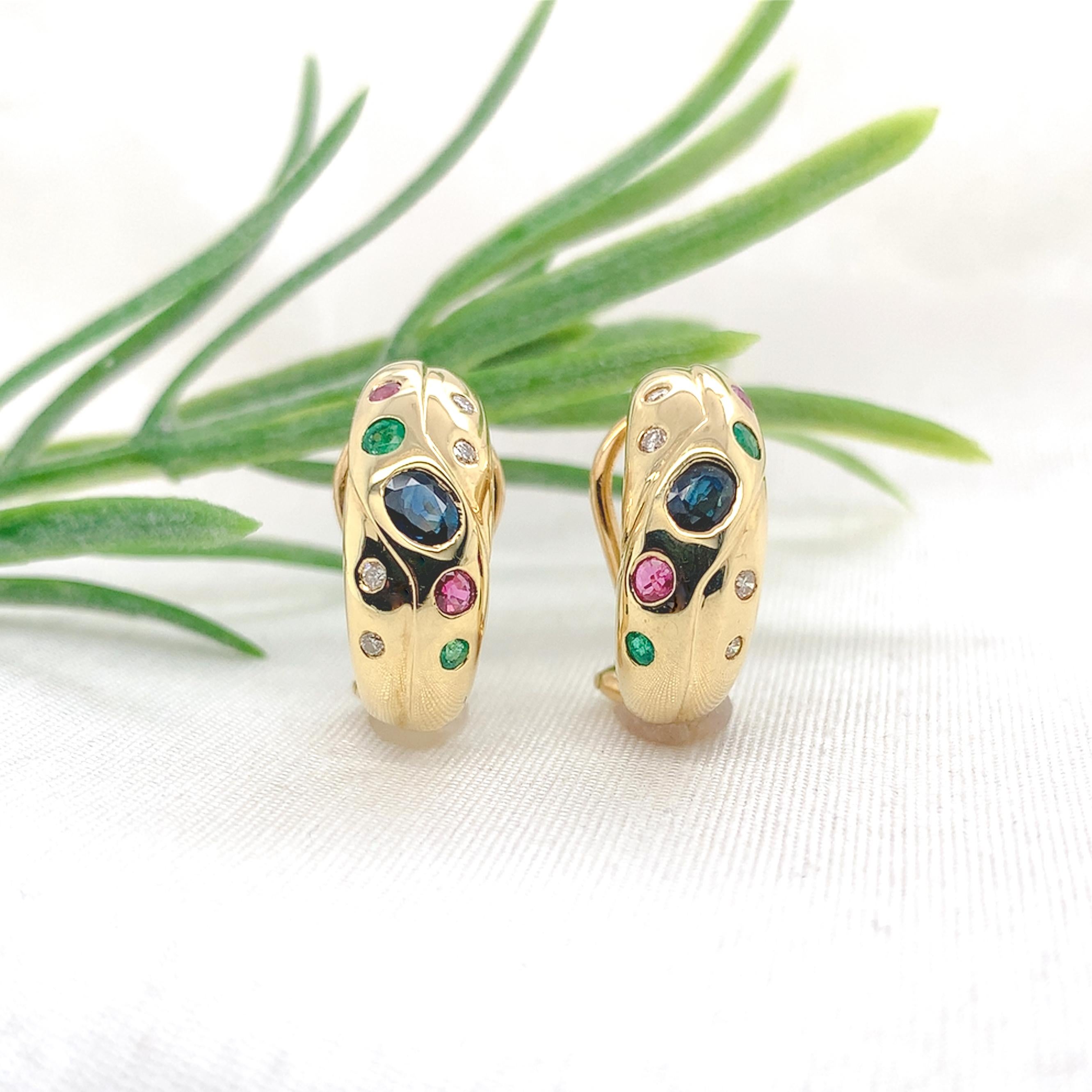 Boucles d'oreilles demi-cercle en or jaune 14 carats avec diamants, saphirs, rubis et émeraudes Pour femmes en vente
