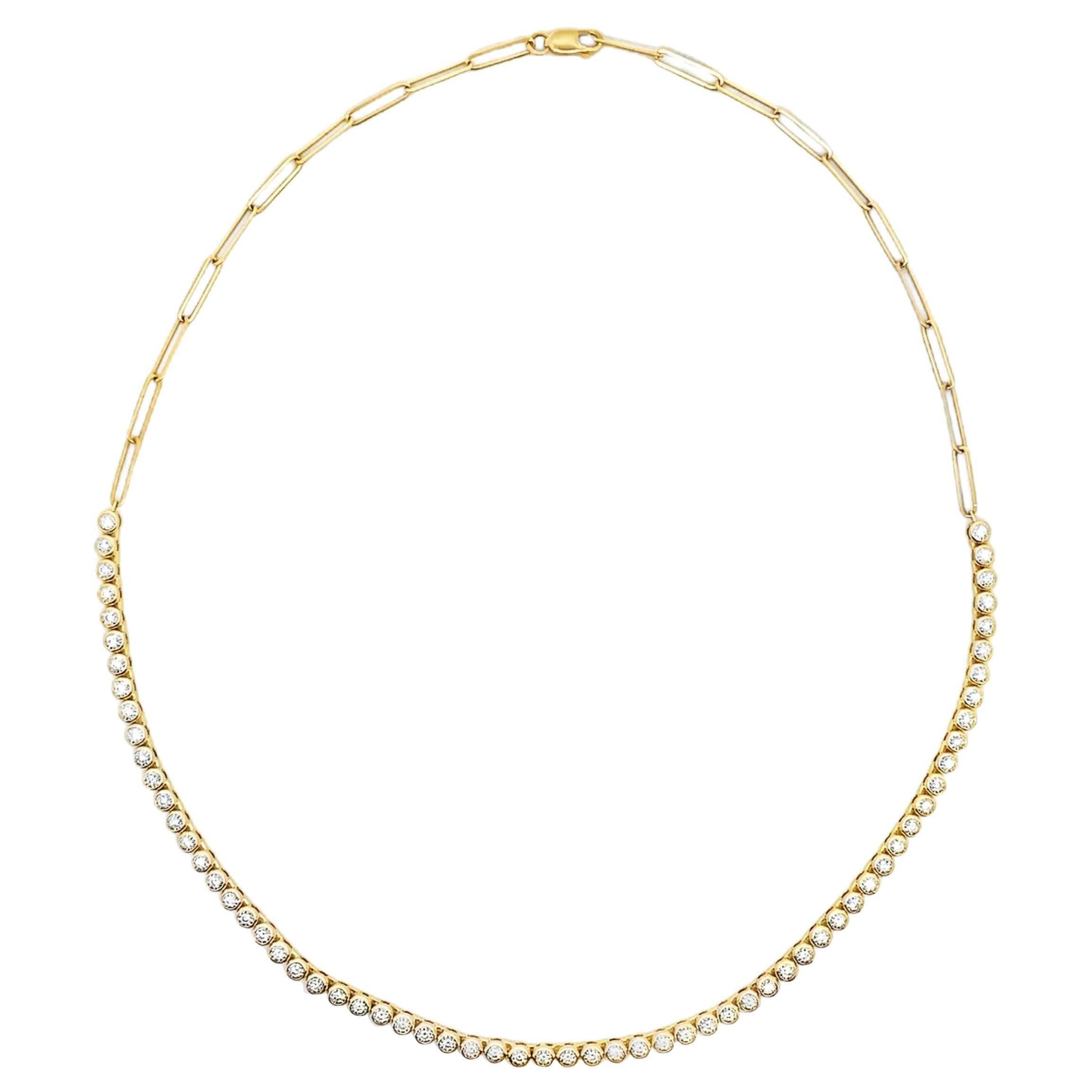 14K Yellow Gold Half Paperclip Tennis Necklace with Illusion Set Diamonds For Sale