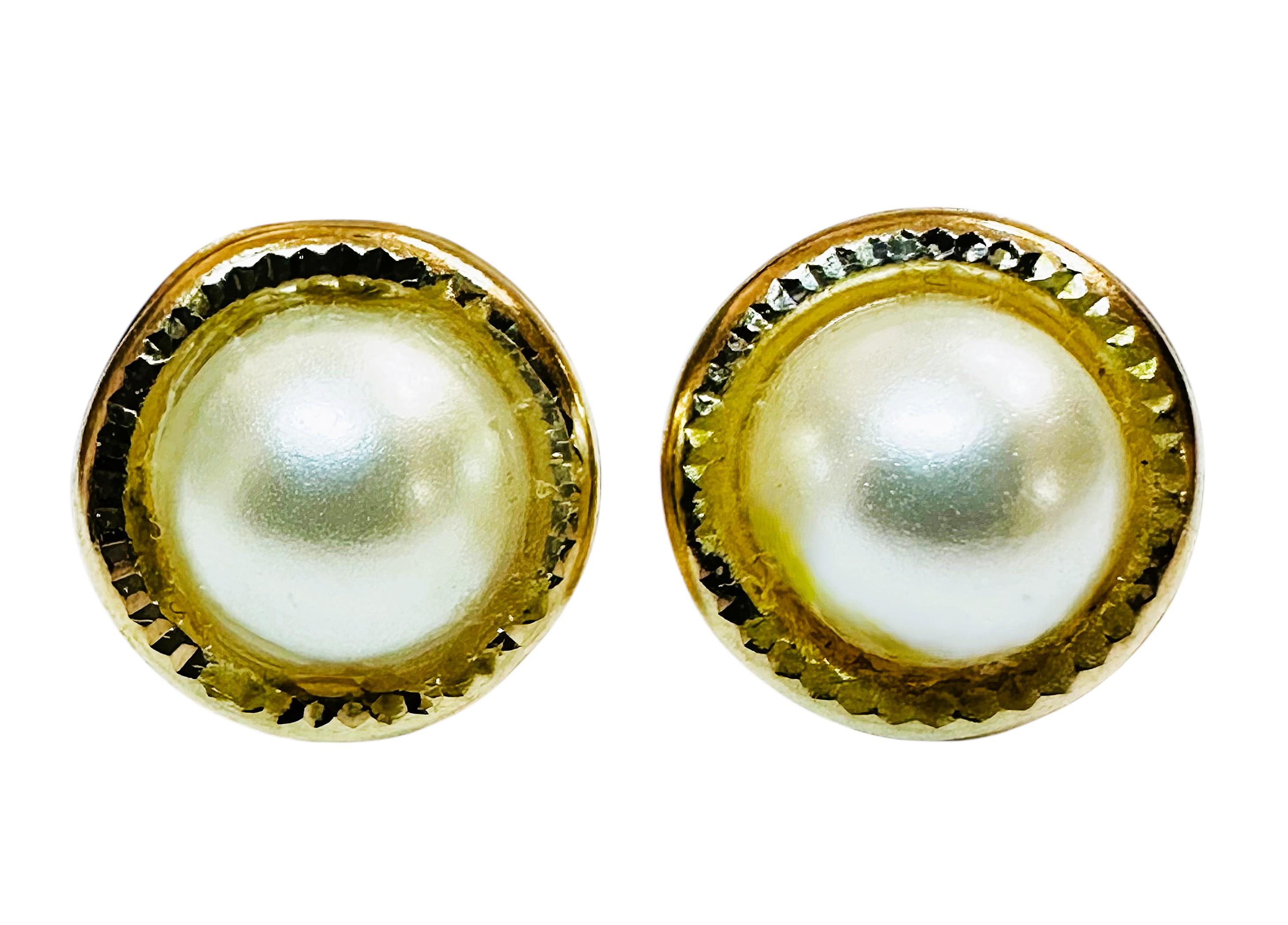 Round Cut 14K Yellow Gold Half Pearl Dainty Post Earrings