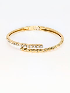 14k Yellow Gold Half Rope Design & Half Diamond Graduated Bypass Bangle