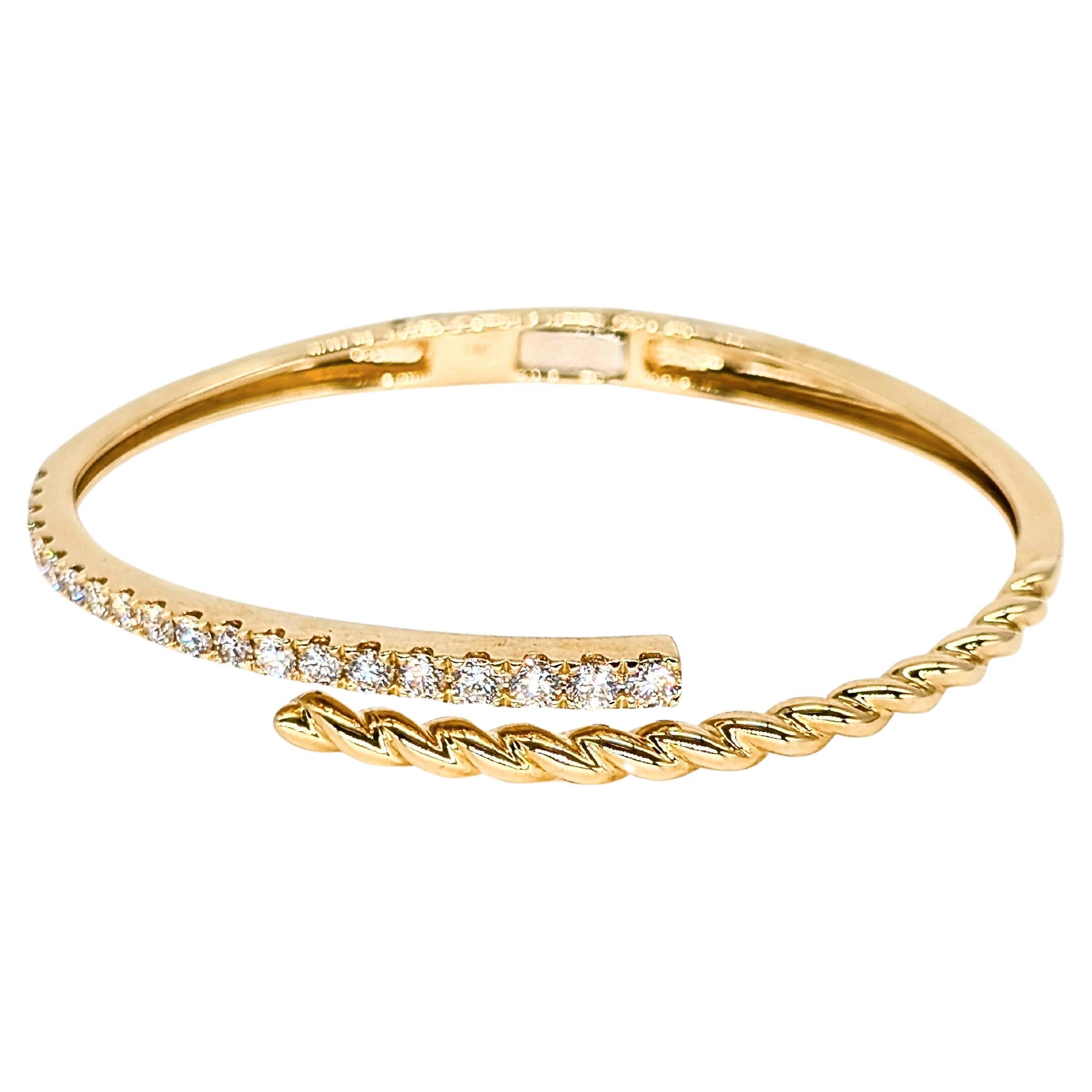 14k Yellow Gold Half Rope Design & Half Diamond Graduated Bypass Bangle