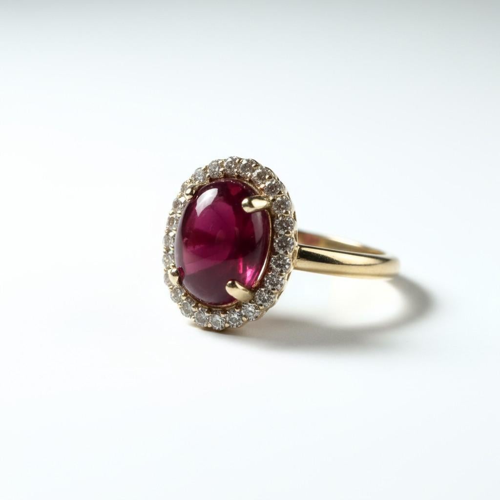 Bague en or jaune 14K avec rubis cabochon en halo et diamant Pour femmes en vente
