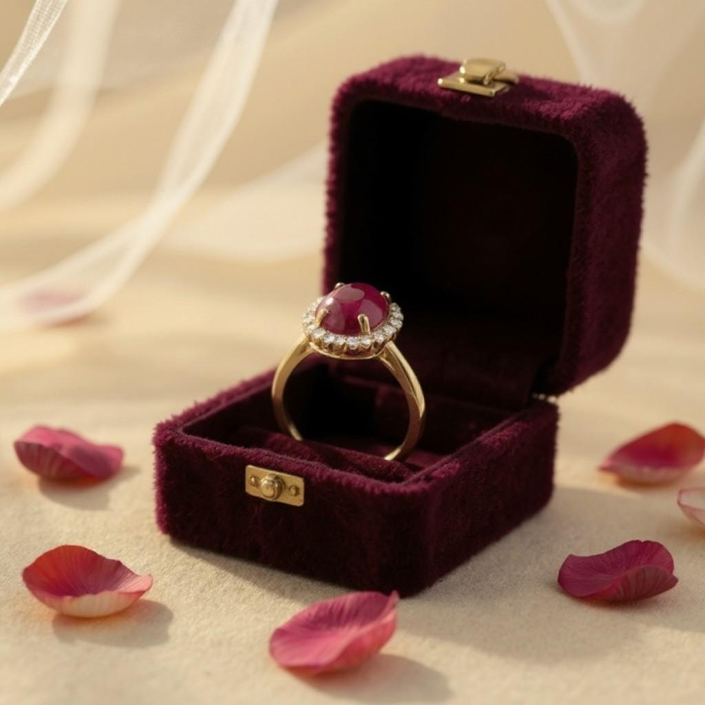 Bague en or jaune 14K avec rubis cabochon en halo et diamant en vente 1