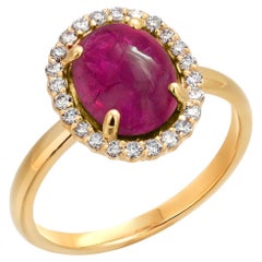 14K Yellow Gold Halo Cabochon Ruby and Diamond Ring
