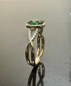 14K Yellow Gold Halo Cushion 1.43 Carat Green Tourmaline Engagement Ring