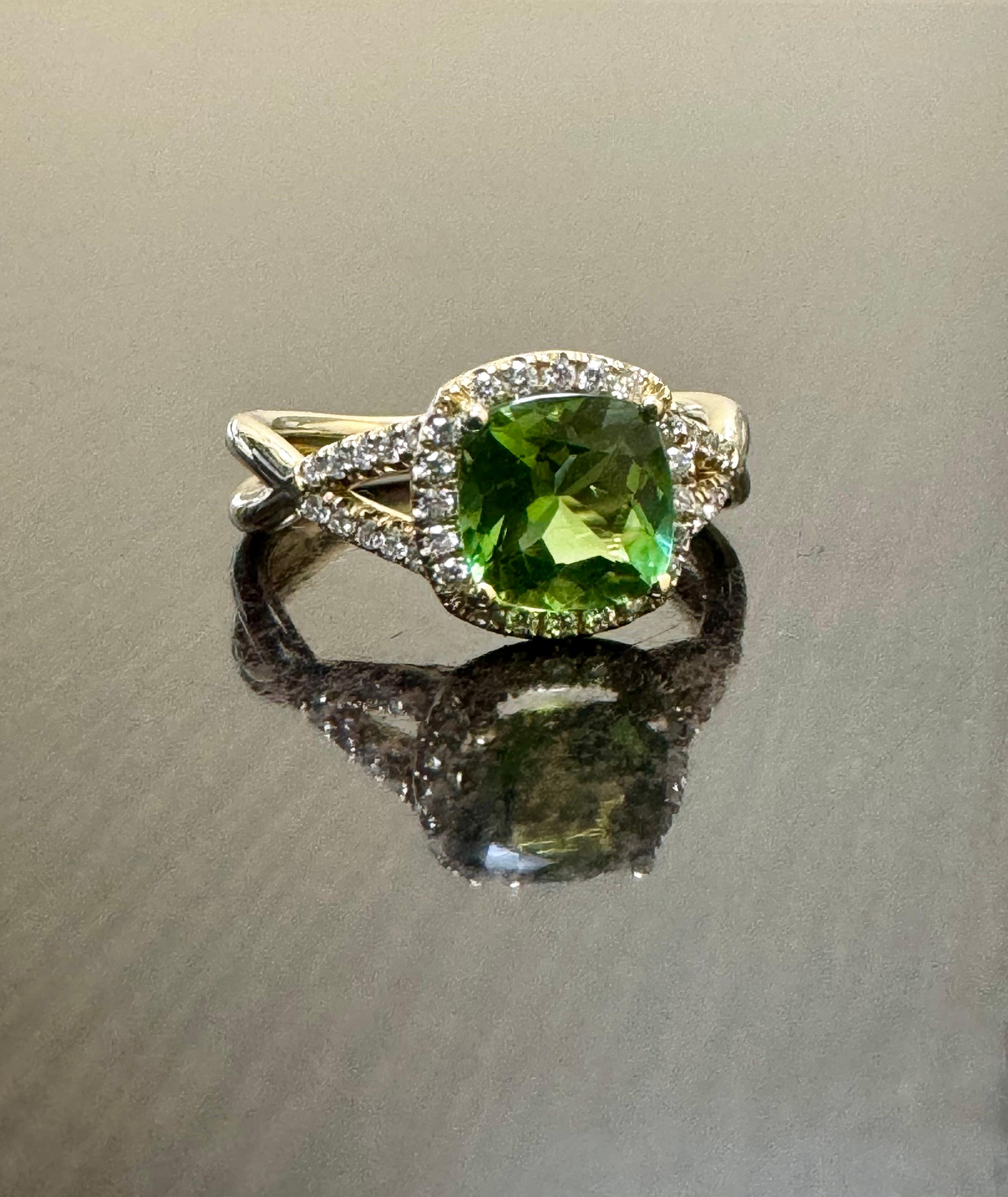14K Yellow Gold Halo Cushion 1.43 Carat Green Tourmaline Engagement Ring In New Condition For Sale In Los Angeles, CA