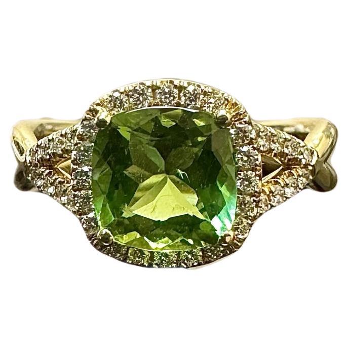 14K Yellow Gold Halo Cushion 1.43 Carat Green Tourmaline Engagement Ring For Sale