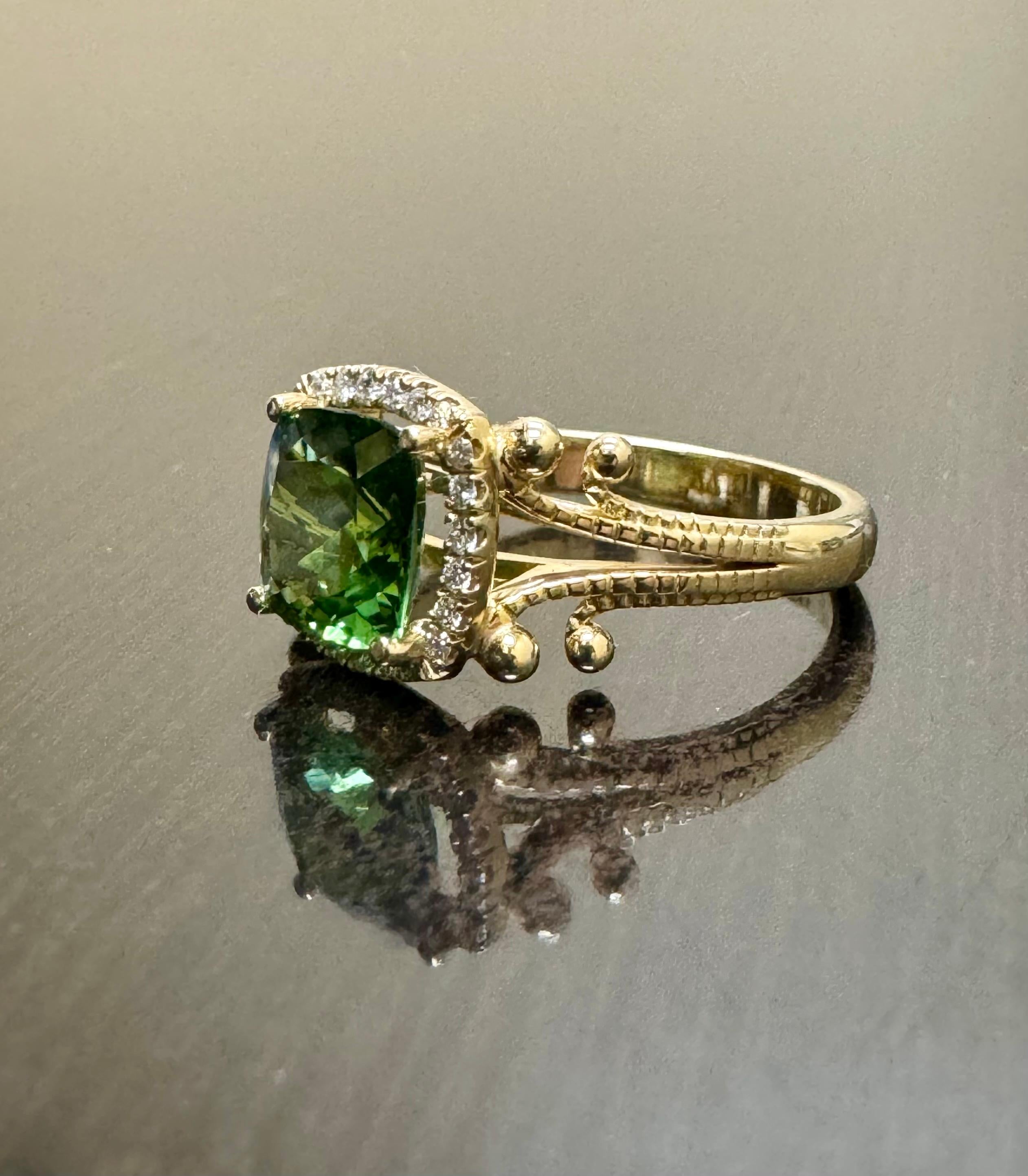 14K Yellow Gold Halo Cushion Cut 1.82 Carat Green Tourmaline Engagement Ring In New Condition For Sale In Los Angeles, CA