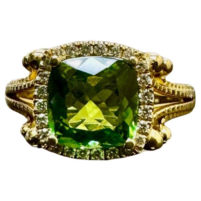 14K Yellow Gold Halo Cushion Cut 1.82 Carat Green Tourmaline Engagement Ring For Sale