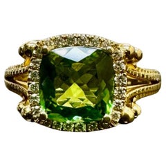 14K Yellow Gold Halo Cushion Cut 1.82 Carat Green Tourmaline Engagement Ring