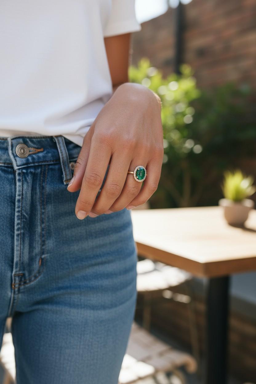 Realizzato a mano nel leggendario centro dei diamanti di New York, questo straordinario anello mette in mostra l'abilità e la precisione dell'artigianato di alta gioielleria. Il cuore di questo gioiello è costituito da uno smeraldo cabochon di 2,96