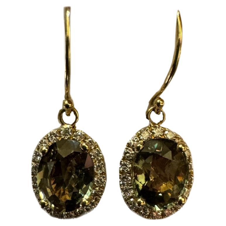 Art Deco 14K Yellow Gold Halo Diamond GIA Certified 3 Carat Oval Alexandrite Earrings