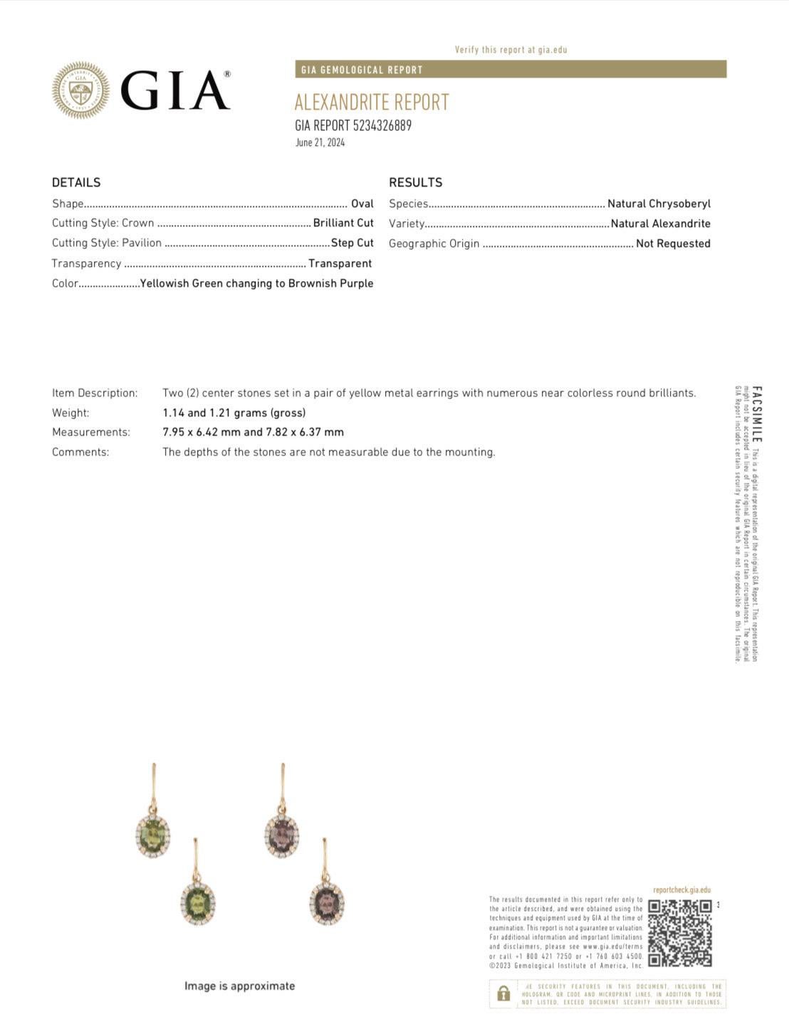 14K Yellow Gold Halo Diamond GIA Certified 3 Carat Oval Alexandrite Earrings 2
