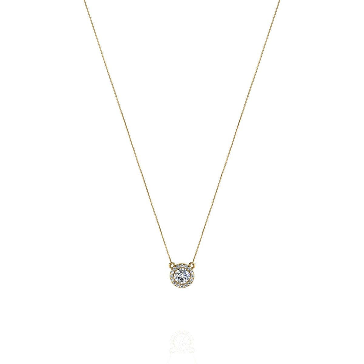 Round Cut 14 Karat Yellow Gold Halo Diamond Pendant '3/4 Carat' For Sale