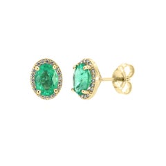 14 Karat Yellow Gold Halo Diamonds and Emeralds Earrings '1 1/2 Carat'