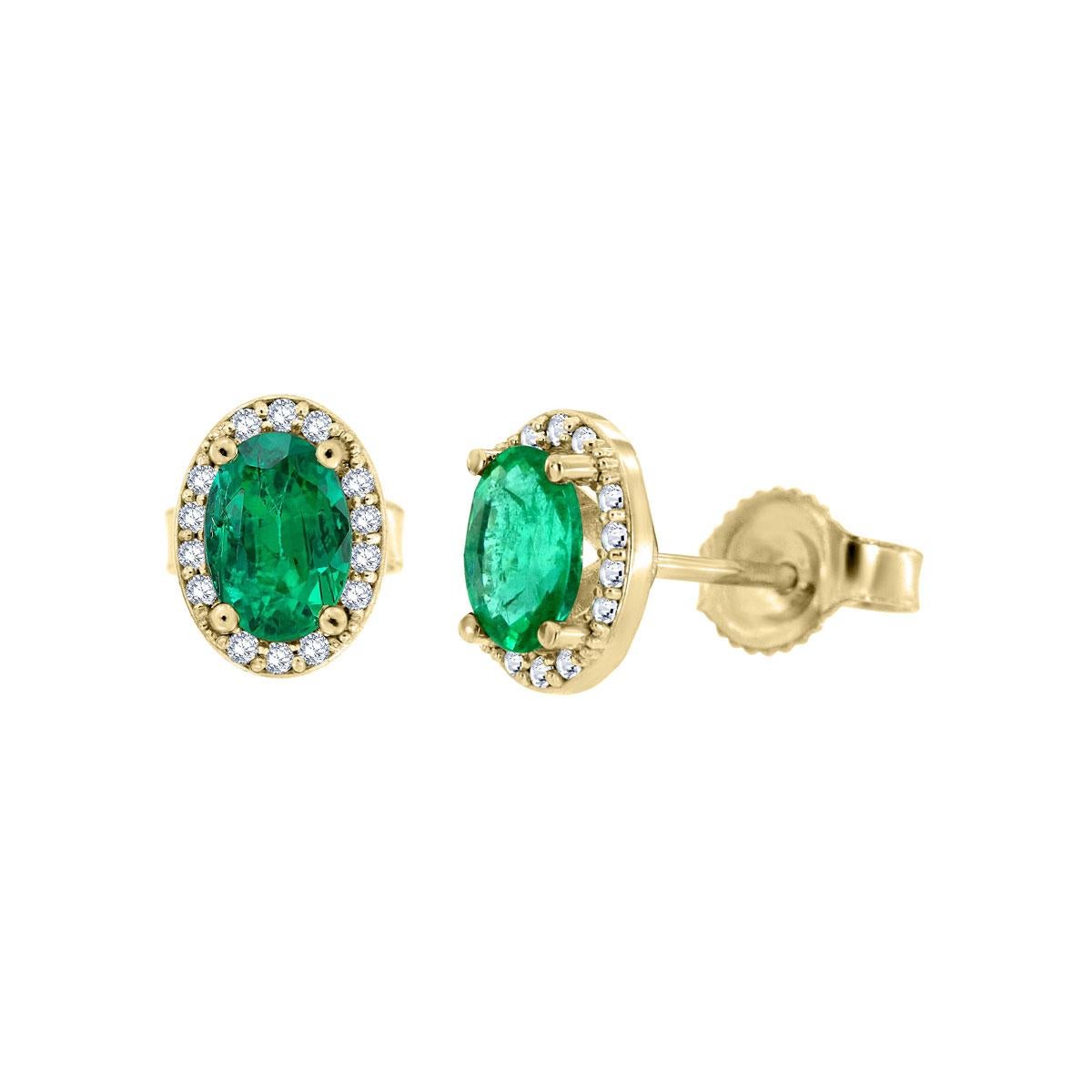 These classic stud earrings feature a 0.80-carat total weight of Oval Shape Green Emerald in Exceptional quality surrounded by a halo of full-cut diamonds

Product details: 

Center Gemstone Type: Emerald
Center Gemstone Carat Weight: 0.83
Center