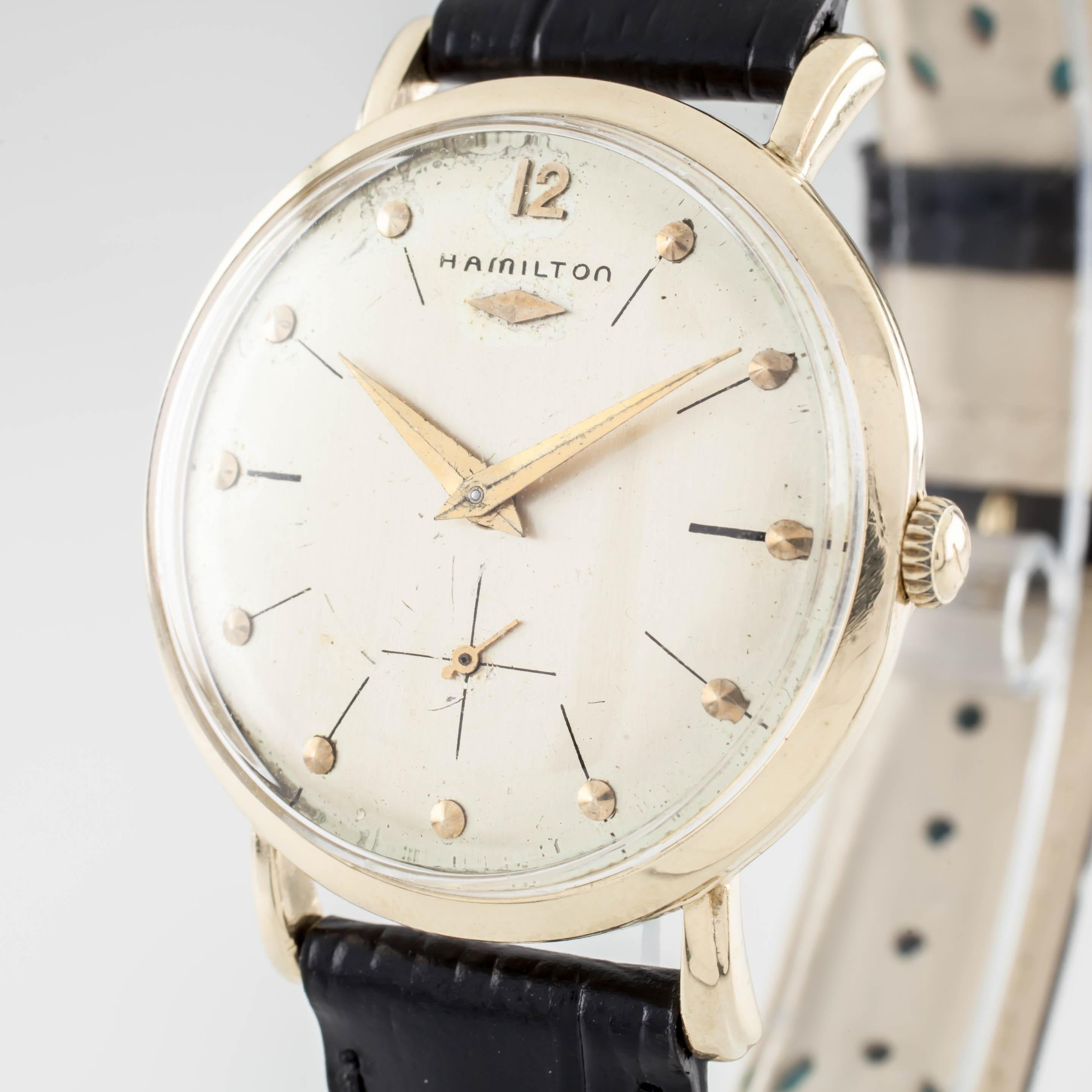 Modern 14k Yellow Gold Hamilton Men's Hand-Winding Watch w/ Black Leather Band