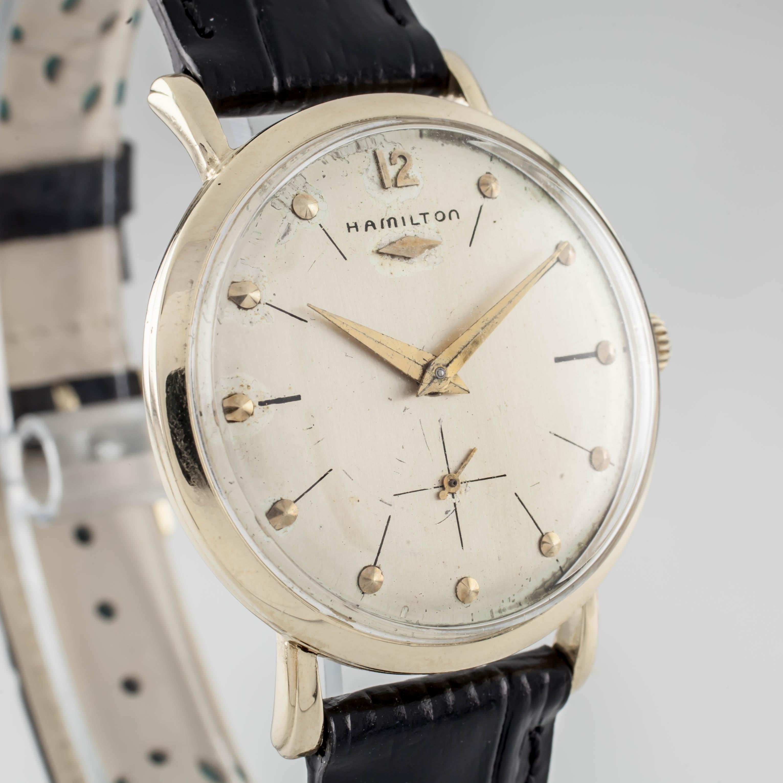 14k Yellow Gold Hamilton Men's Hand-Winding Watch w/ Black Leather Band In Good Condition In Sherman Oaks, CA
