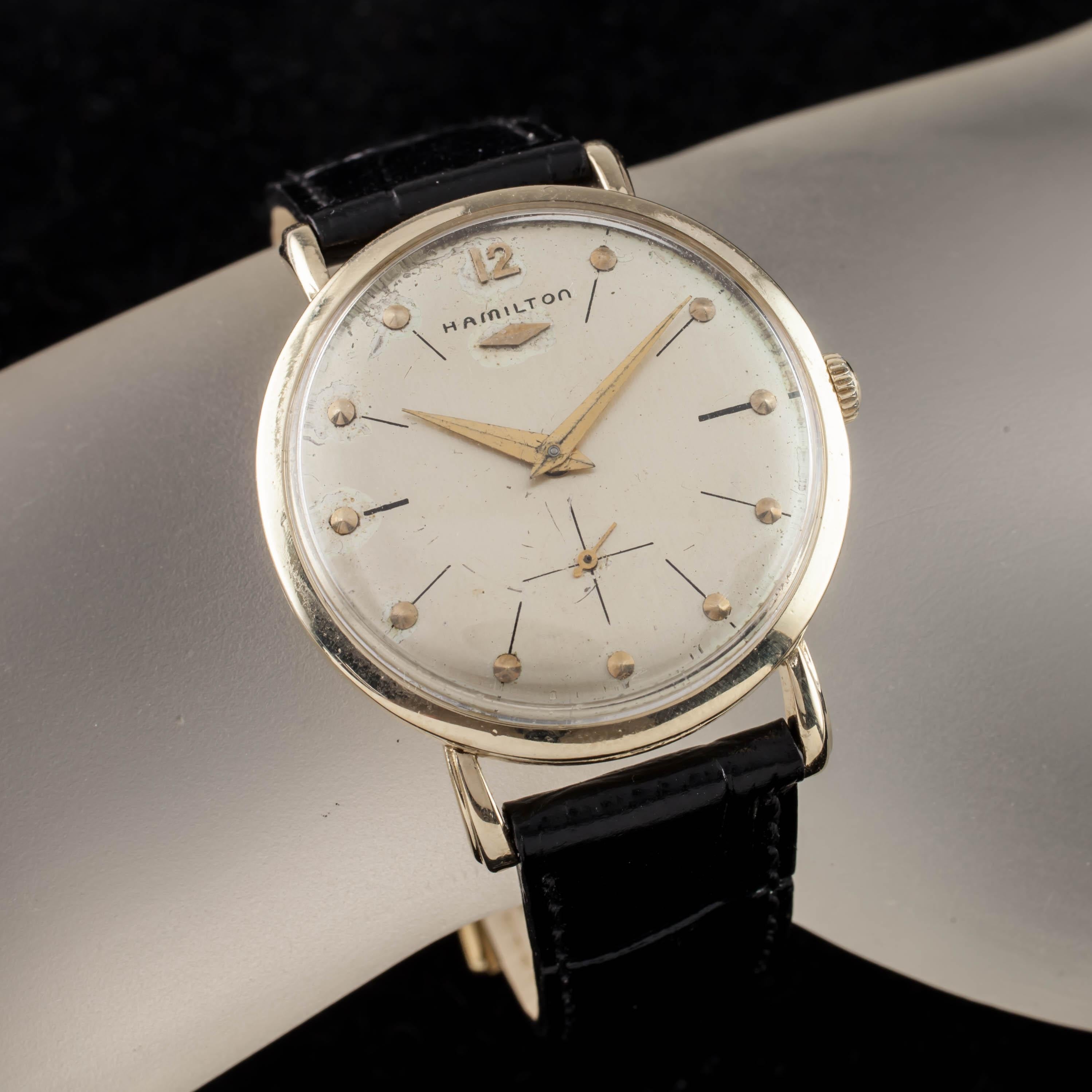 14k Yellow Gold Hamilton Men's Hand-Winding Watch w/ Black Leather Band 4