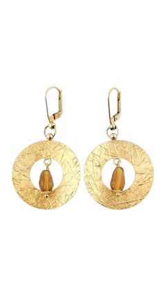 14K Yellow Gold Hammered Circle Citrine Dangle Earrings #14948