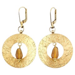 Vintage 14K Yellow Gold Hammered Circle Citrine Dangle Earrings #14948