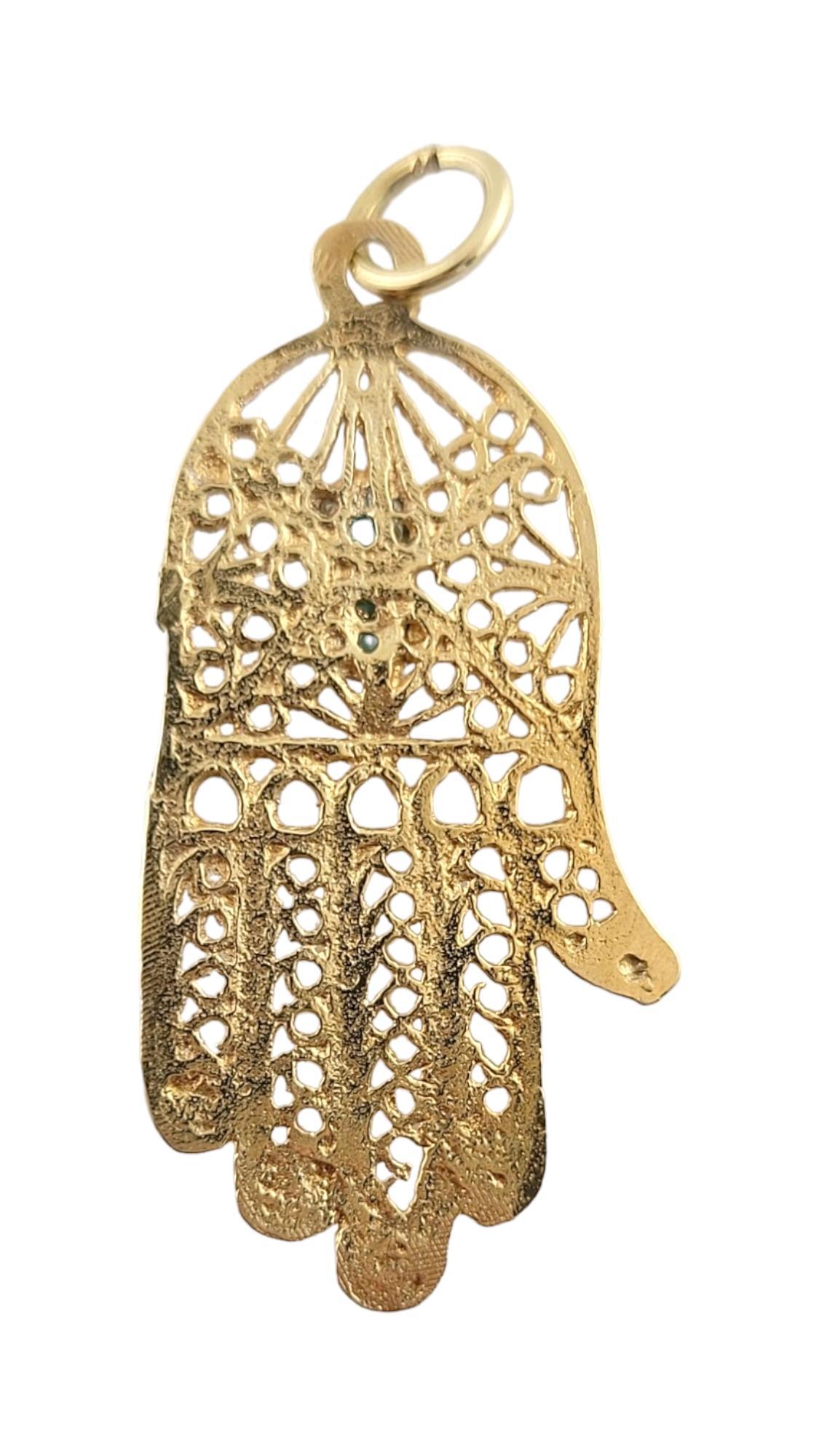 14K Yellow Gold Hamsa Hand Charm with Turquoise Stones #16205 In Good Condition In Washington Depot, CT