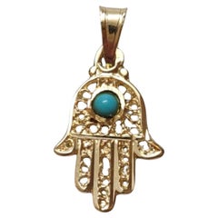Vintage 14K Yellow Gold Hamsa with Blue Cabochon Pendant #21062