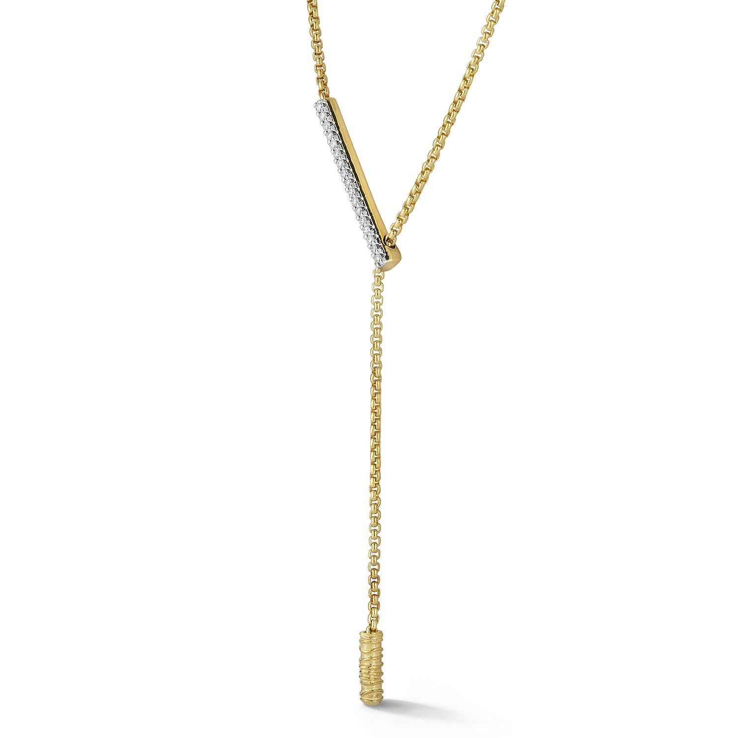 14 karat yellow gold polish-finished lariat necklace, enhanced with an adjustable 0.17 carats of a pave set diamond bar on a 16
