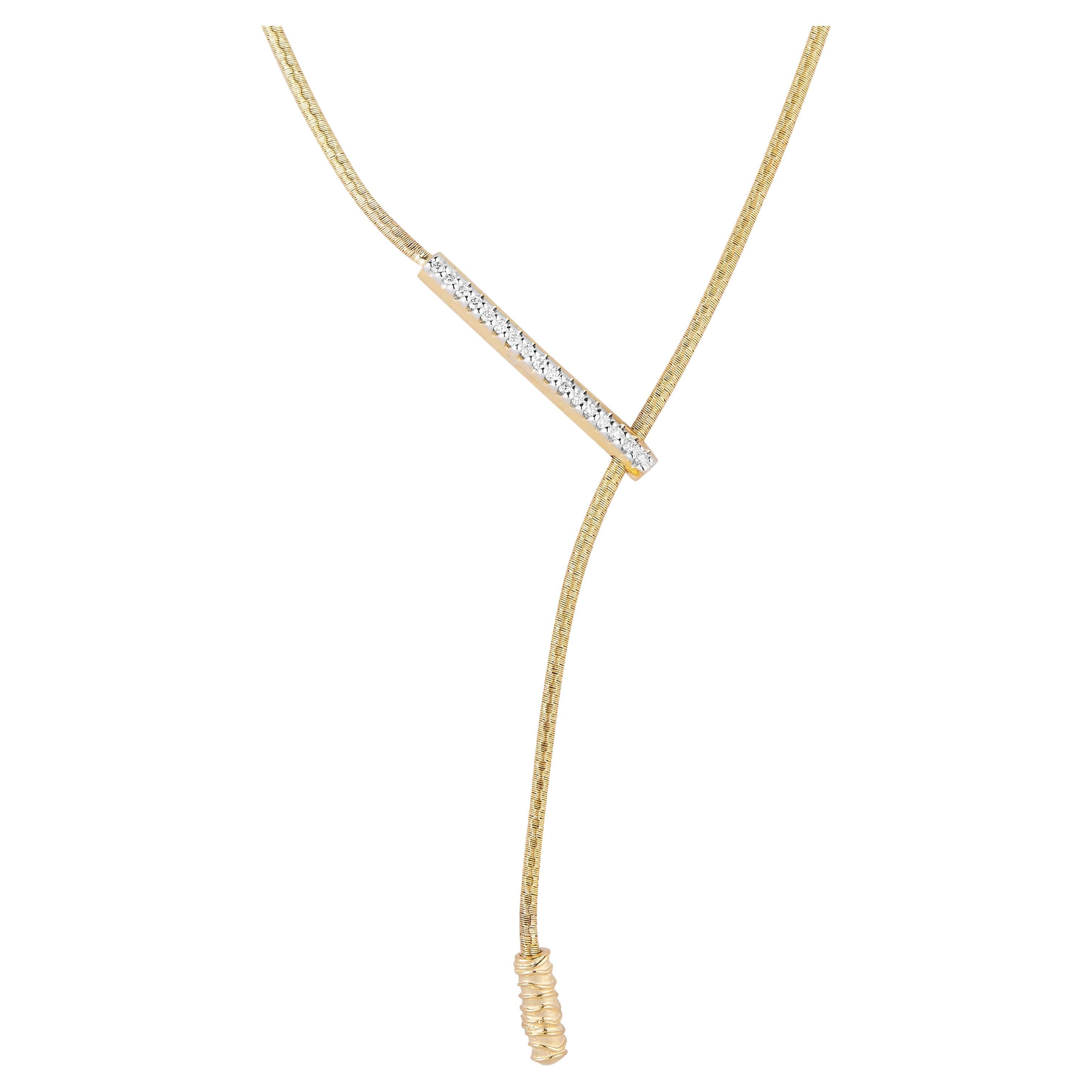 14K Yellow Gold Hand-Crafted Mesh Lariat Y Necklace Enhanced with Diamonds For Sale