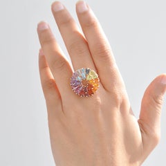Rainbow Natural Gemstones Tapered Baguette Hand-Crafted Yellow Gold Ring