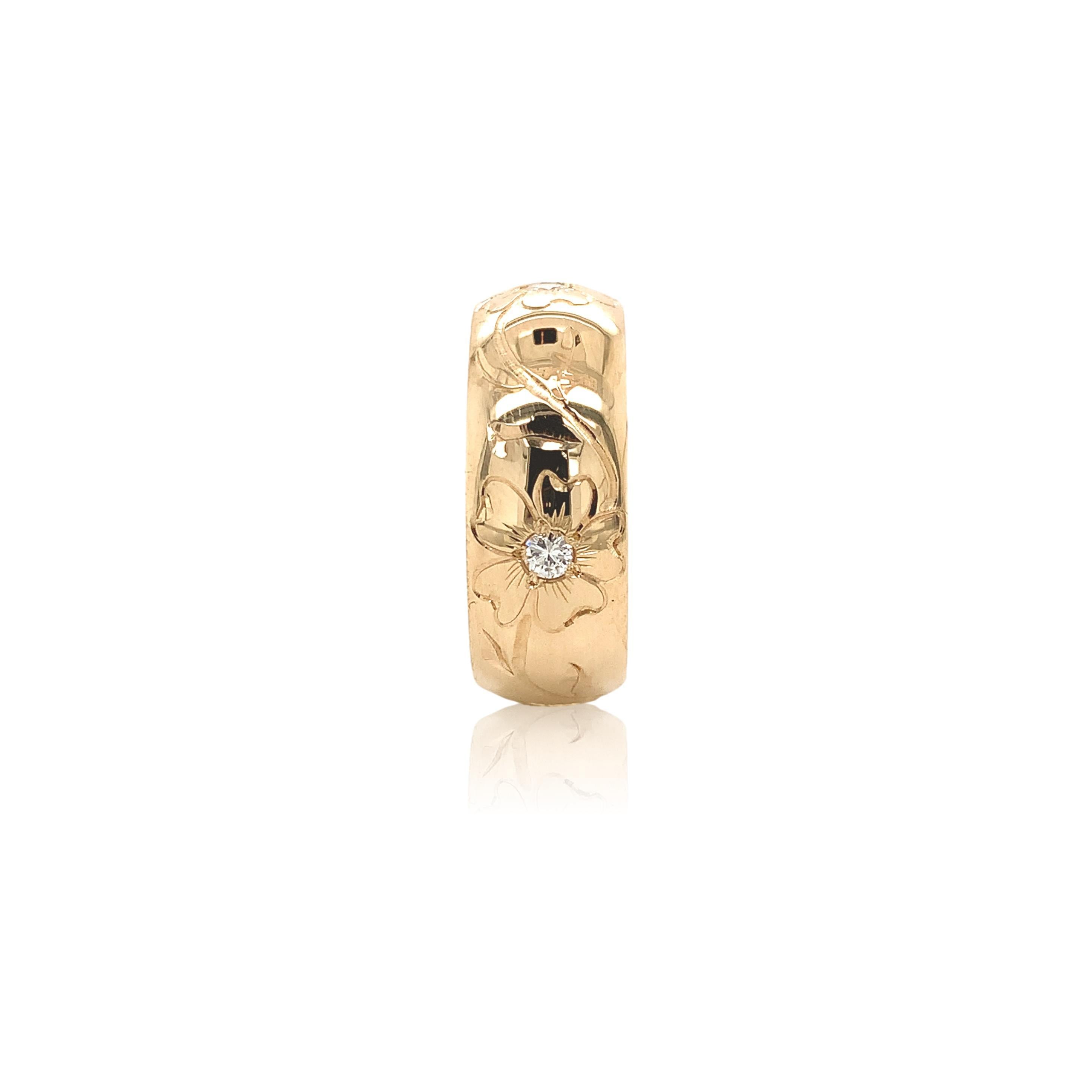 Taille ronde Anneau de mariage en or jaune 14K gravé à la main avec des diamants taille 5 en vente