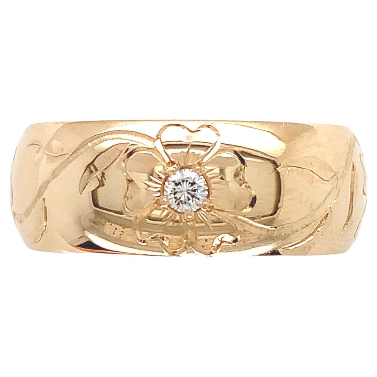 Fascia nuziale larga con diamante incisa a mano in oro giallo 14K, misura 5