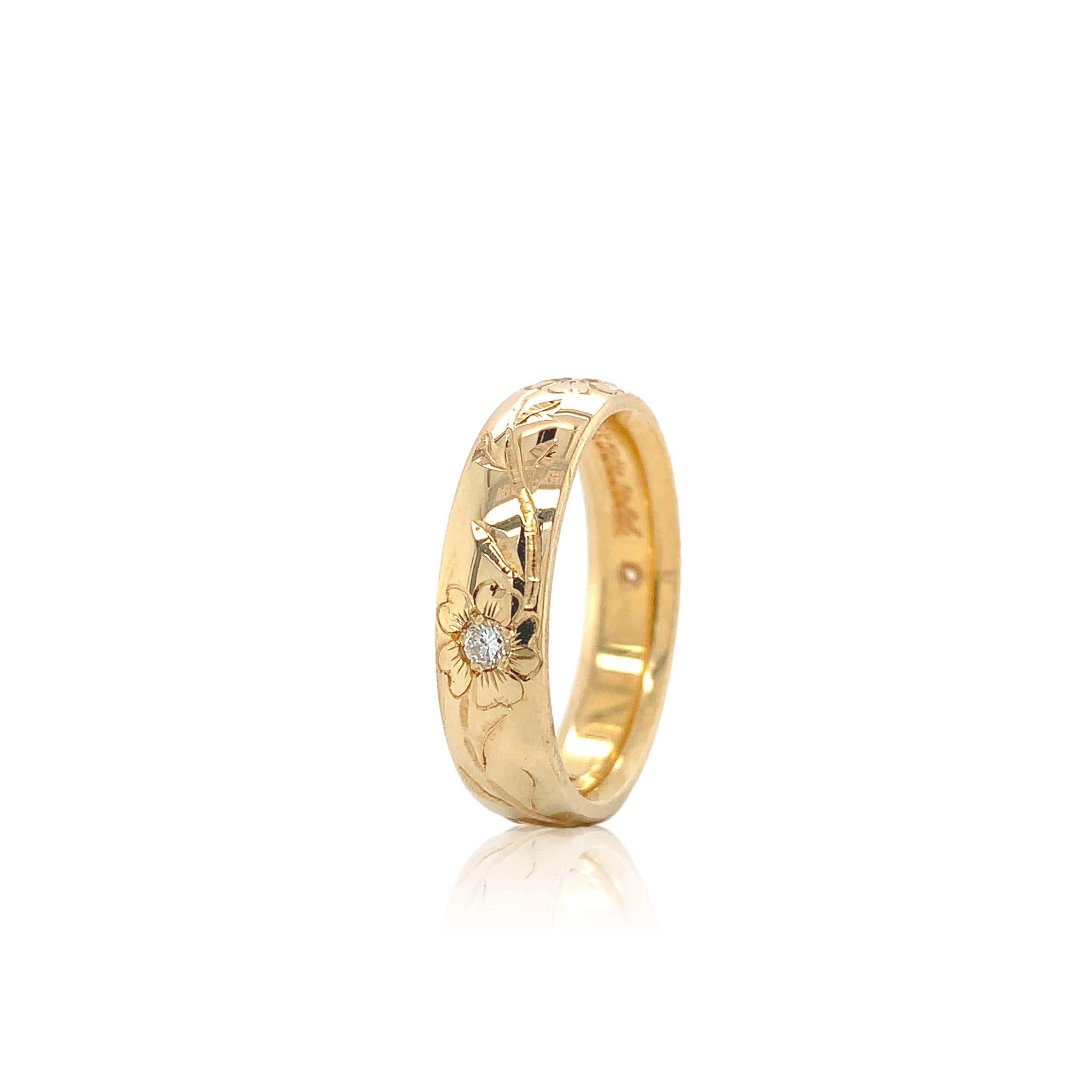 Contemporary 14K Yellow Gold Hand Engraved Wide Diamond Wedding Band size 6.5 For Sale